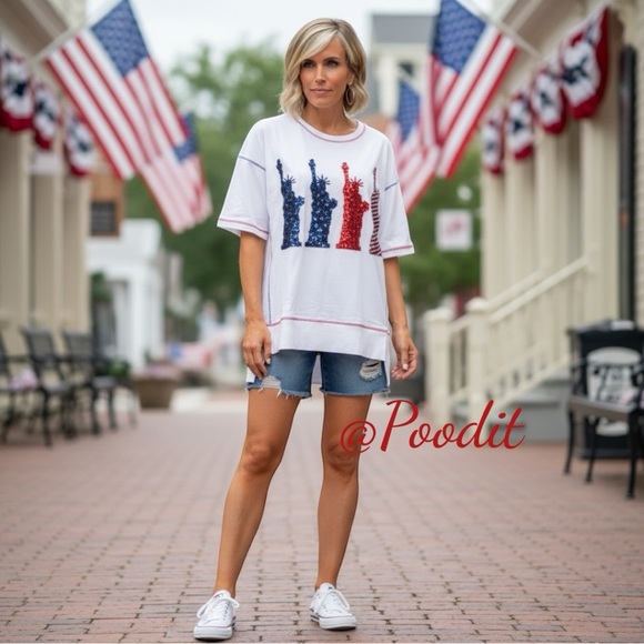 FANTASTIC FAWN sequin liberty patriotic oversized white tee S M L - Picture 1 of 9